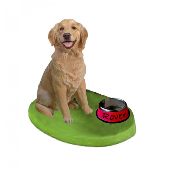Handmade Polymer Clay Custom Dog Bobblehead: Golden Retriever displaying Dogbowl