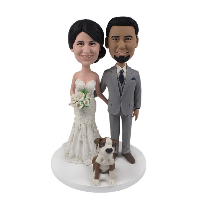 Personal Custom Polymer Clay Wedding Bobblehead With A Dog - 100% Handmade