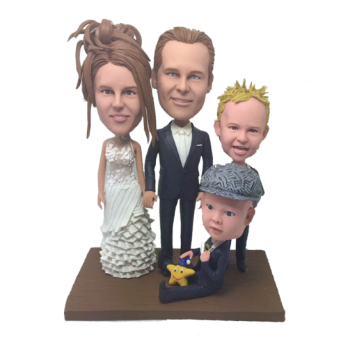 Handmade Personal Custom 4 People Family Bobbleheads - Polymer Clay Dolls Based on Photo