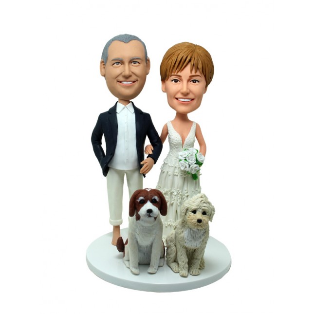 Custom Wedding Couple with Dogs Bobbleheads