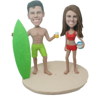 Happy Summer - Handmade Beach Couple Bobbleheads Polymer Clay Personalized Gift