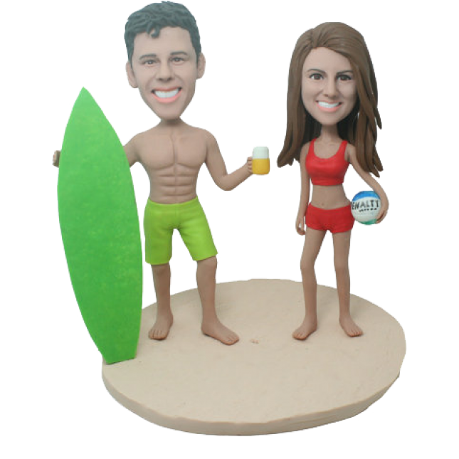Happy Summer - Handmade Beach Couple Bobbleheads Polymer Clay Personalized Gift