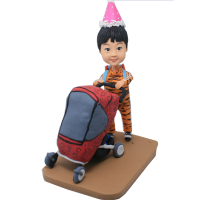 Handmade Polymer Clay Bobblehead -  Girl Pushing Baby Buggy Personalized Bobble Head Dolls