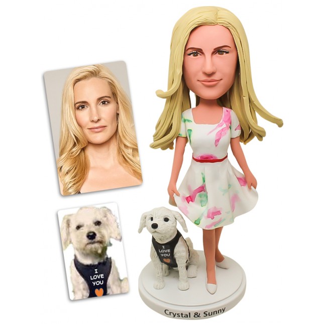 Creative Gift - Handmade Polymer Clay Bobblehead: Fashion Girl With A Dog